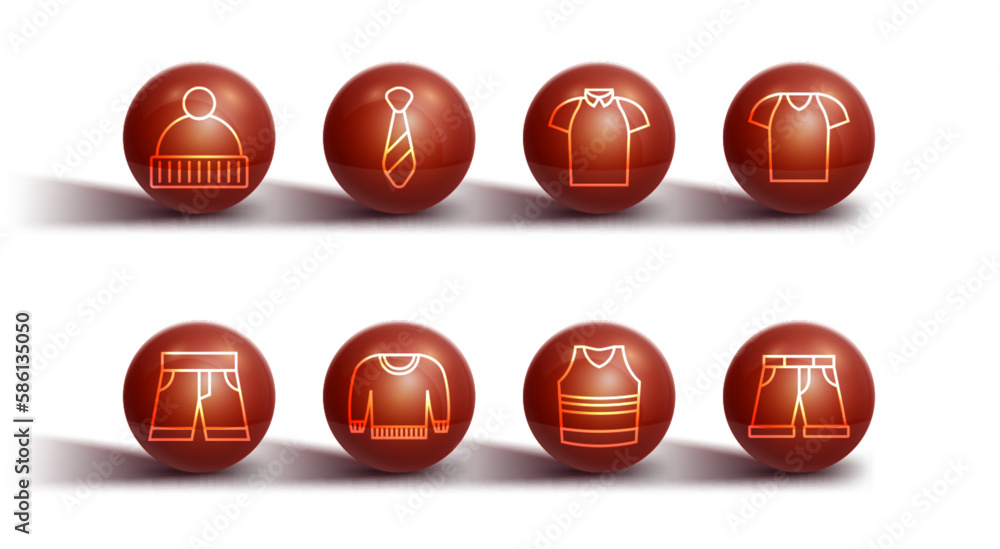 Set line Beanie hat, Short or pants, T-shirt, Undershirt, Sweater, Tie, and Polo icon. Vector Set line Beanie hat, Short or pants, T-shirt, Undershirt, Sweater, Tie, and Polo icon. Vector