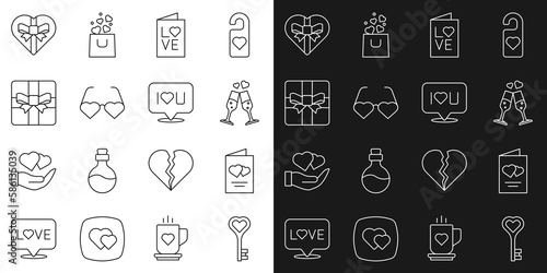 Set line Key in heart shape, Valentines day flyer, Glass of champagne, party, Heart shaped love glasses, Gift box, Candy and Speech bubble text I you icon. Vector