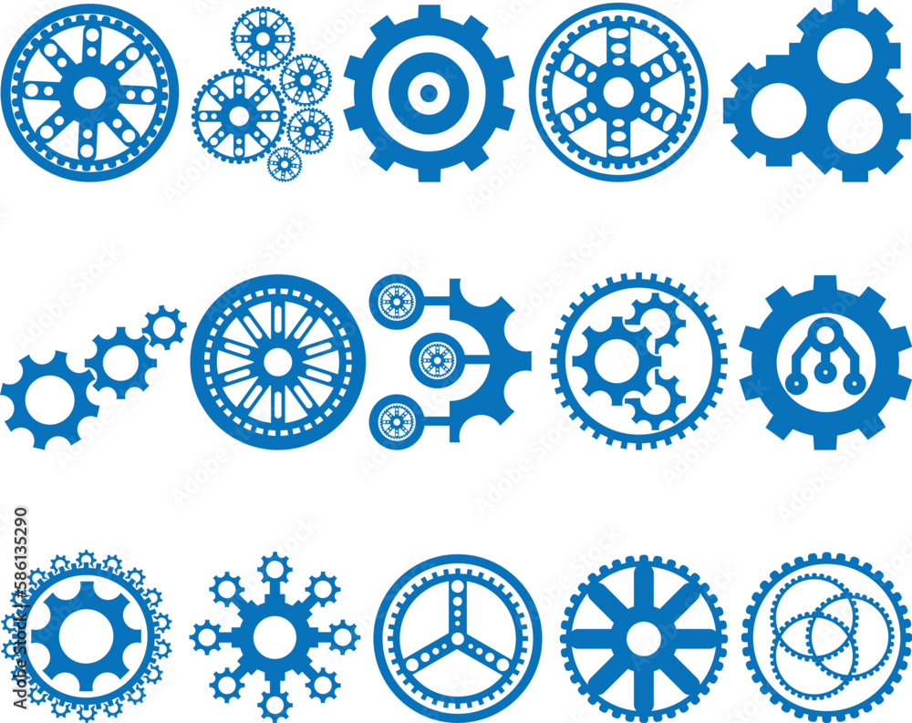 Cogwheel icon set, 15 gear icon set blue vector