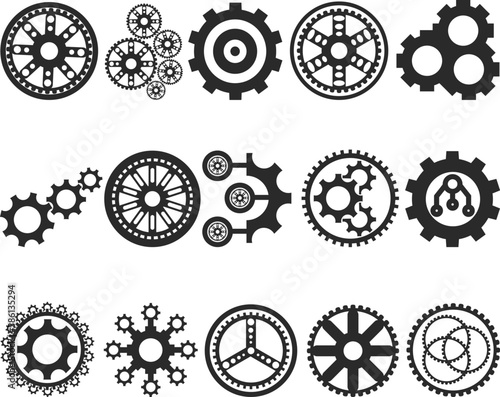 Cogwheel icon set, 15 gear icon set black vector