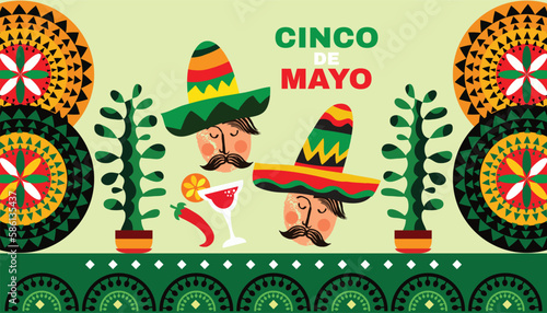 Happy Cinco de mayo template  poster with guitar, sombrero, pepper, tequila, firework, pattern  Translation from spanish - Cinco de Mayo - May 5 federal holiday in Mexico.Vector illustration Mexico  