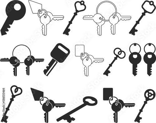 Key icon set, 15 key-lock icon set black vector