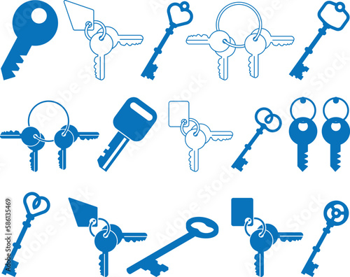 Key icon set, 15 key-lock icon set blue vector