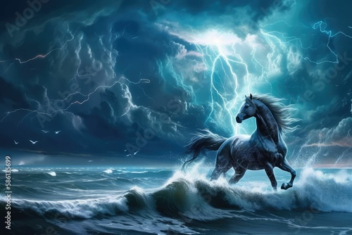 beautiful horse running over the stormy sea, generative AI