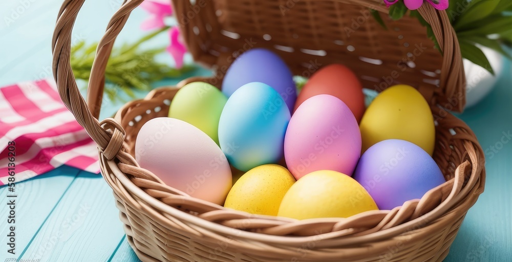 Colorful Easter Eggs in a Basket, Easter Holiday, Easter Decorations, Easter Background