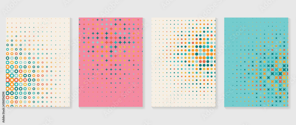 Retro geometric shapes wall art background. Set of contemporary art wall decoration with sparkle, circle dot pattern. Geometric posters in trendy illustrated design for cover, banner, print, interior.