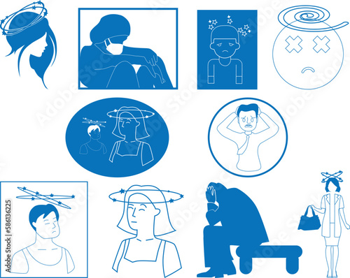Illness icon set, 10 dizziness icon set blue vector