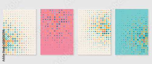 Retro geometric shapes wall art background. Set of contemporary art wall decoration with sparkle, circle dot pattern. Geometric posters in trendy illustrated design for cover, banner, print, interior.