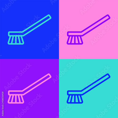 Pop art line Brush for cleaning icon isolated on color background. Cleaning service concept. Vector