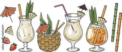 Set of pina Colada cocktails with slice of pineapple for summer party. Alcochol mai tai or exotic pina cocktails with rum and leaf pineapple for beash bar and restaurant menu