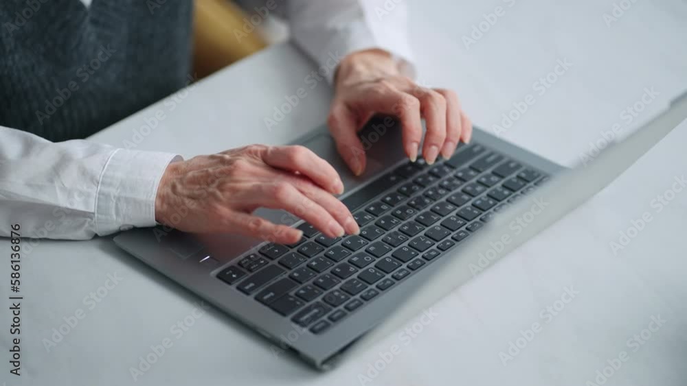 Work With Laptop In Home Or Office, Closeup View Of Aged Woman Typing Message Work With Laptop In Home Or Office, Closeup View Of Aged Woman Typing Message
