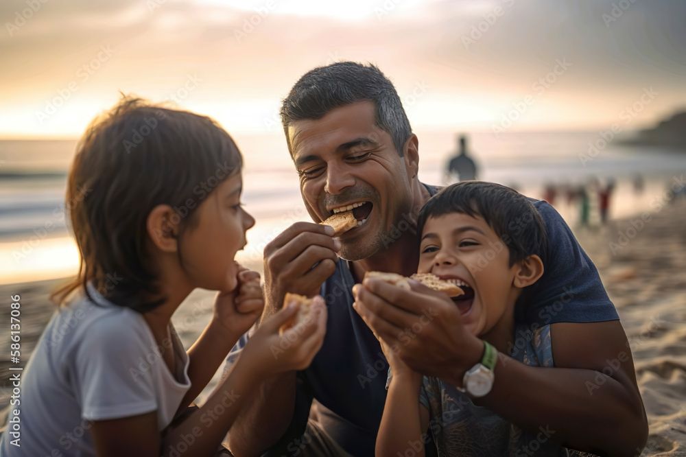 A father and his children having brunch at the beach .Generative AI illustration. A father and his children having brunch at the beach .Generative AI illustration.
