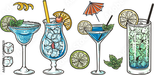 Set of blue lagoon cocktails with lime and ice for vector design of bar menu. Blue alcochol cocktails with vodka and likier for drink party
