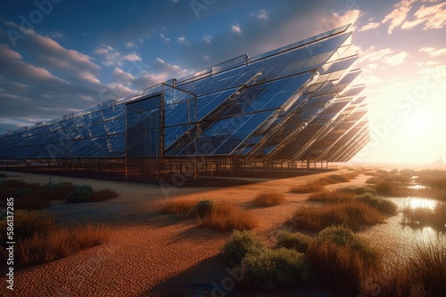 solar panel farm in a rural landscape created with Generative AI technology