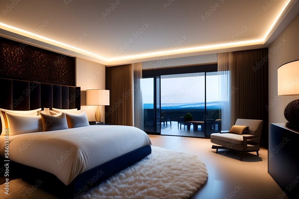 Rendering of Luxurious Modern Bedroom with Night Lights. Generative AI. 