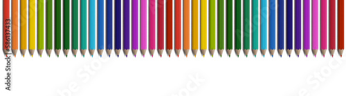 Color pencils vector realistic border. Row of crayons for drawing album, school supplies, education diploma, kindergarden kids drawing frame.