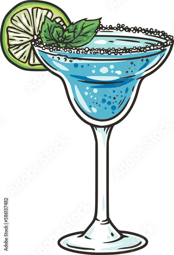 Blue lagoon cocktail with lime and ice for vector design of bar menu. Blue alcochol cocktail with vodka and likier for drink party