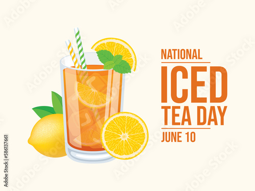 National Iced Tea Day vector illustration. Glass of ice tea with lemons drawing. Iced tea with citrus and mint leaf icon. Glass of lemonade with a straw vector. June 10 each year. Important day