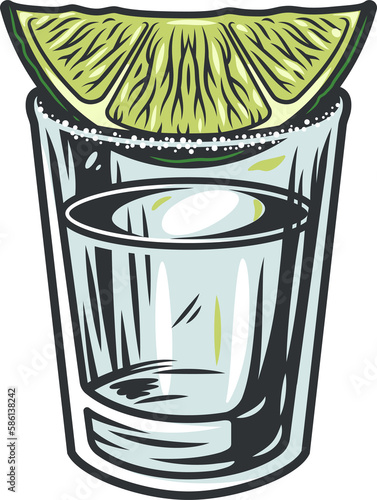 Tequila shot with lime and salt. Hand drawn illustration converted to vector isolated on white background