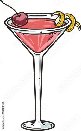 Cosmopolitan cocktail with lime and cherry for summer party. Ping alcochol cocktail for beash bar. Cosmo with vodka and cranbery for design of menu