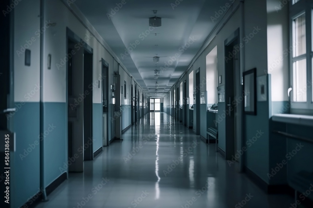 Blue Hospital Corridor: Nobody Background with Blur and Copy Space