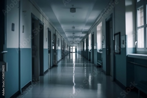 Blue Hospital Corridor: Nobody Background with Blur and Copy Space
