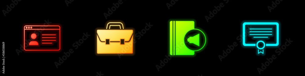 Set Online class, Briefcase, Audio book and Certificate template icon. Vector Set Online class, Briefcase, Audio book and Certificate template icon. Vector