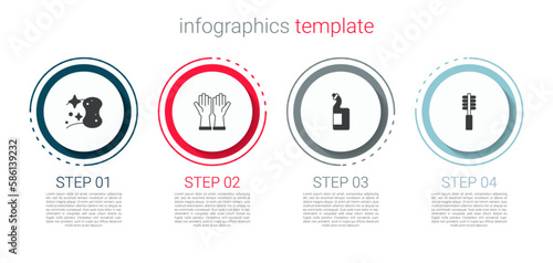 Set Sponge, Rubber gloves, Dishwashing liquid bottle and Toilet brush. Business infographic template. Vector