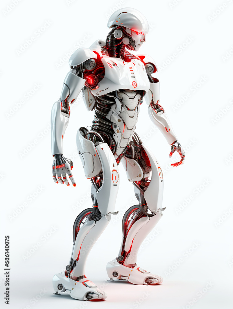 futuristic robot, android glows menacing red 