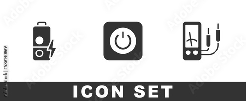 Set Battery charge, Power button and Ampere meter, multimeter icon. Vector
