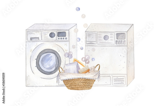 Composition with washing machine and dryer, wicker basket, powder, soap, brush and soap bubbles. Watercolor illustration, isolated. Suitable for packaging, postcards, business cards, logos, textiles.