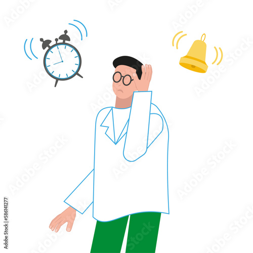 
A sad man is holding his head, an alarm clock and a bell are ringing around him. Deadline concept. Vector illustration