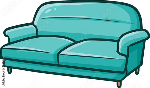 Comfortable tosca green big sofa with cartoon illustration