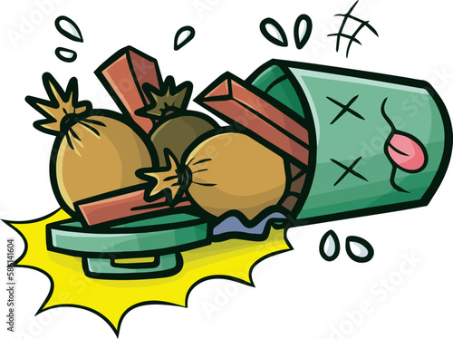 Funny dark green trash can cartoon character falling