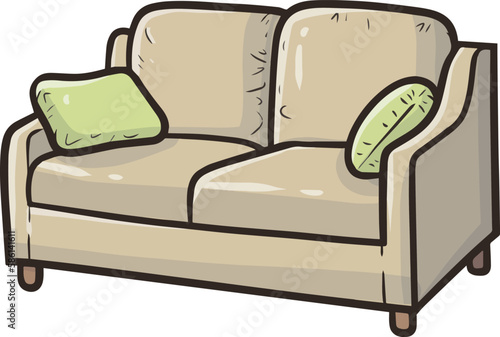 Comfortable light brown big sofa with green pillow cartoon illustration