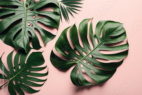 Monstera leaves flat lay background. Generated Ai technology.