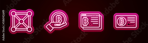 Set line Blockchain technology, Hand holding Bitcoin, browser and Credit card with bitcoin. Glowing neon icon. Vector