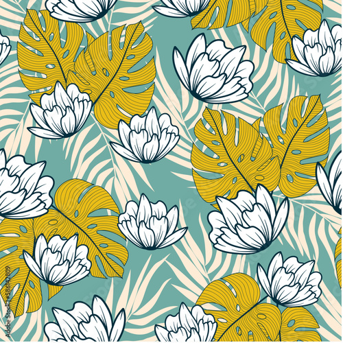 Abstract seamless tropical pattern with bright plants and flowers on a turquoise background. Beautiful seamless vector floral pattern. Jungle leaf seamless vector floral pattern background.
