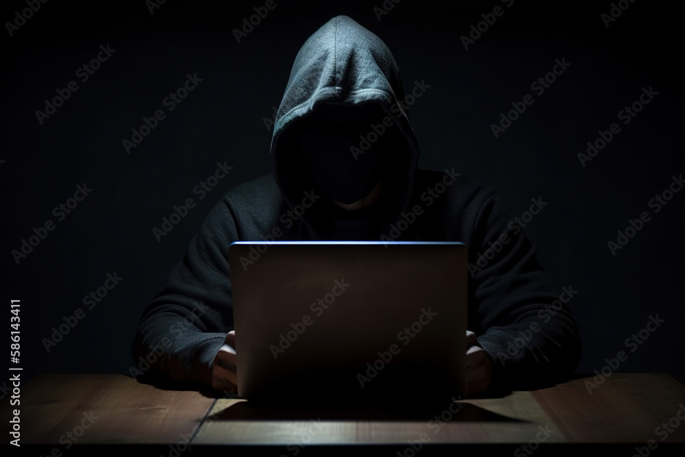 Hacker wearing black hoodie using laptop computer while working on dark background. Created with Generative AI Technology Hacker wearing black hoodie using laptop computer while working on dark background. Created with Generative AI Technology