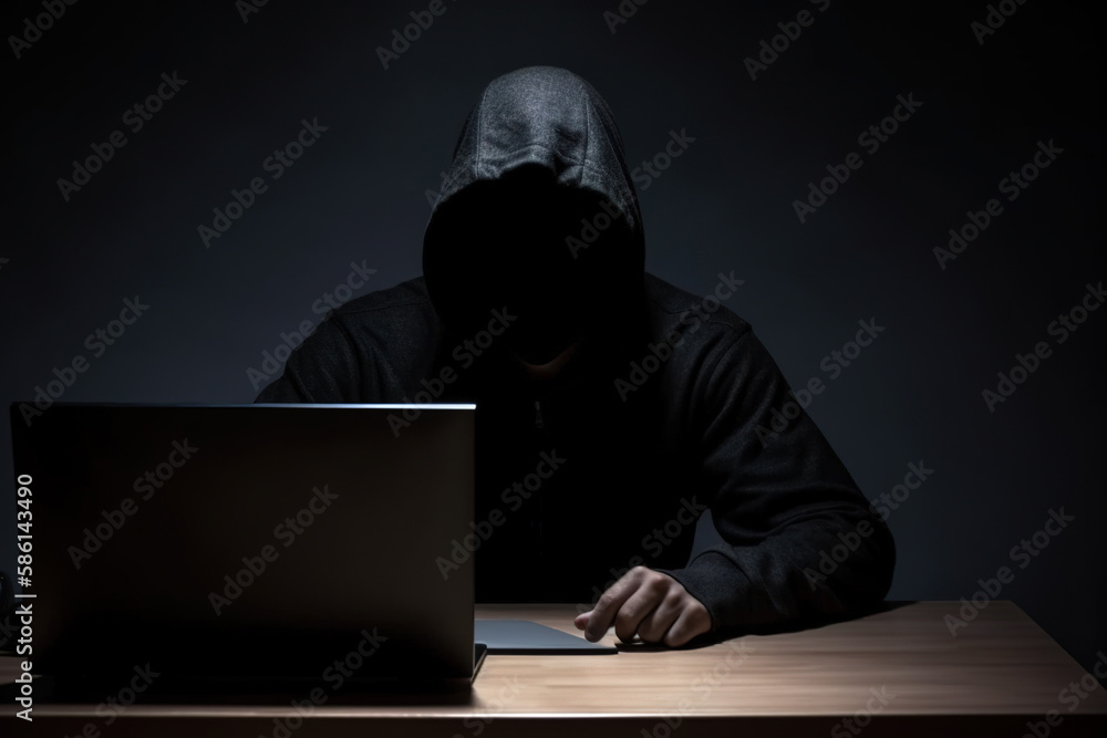 Hacker wearing black hoodie using laptop computer while working on dark background. Created with Generative AI Technology Hacker wearing black hoodie using laptop computer while working on dark background. Created with Generative AI Technology