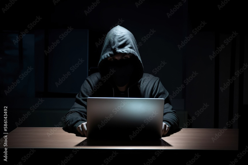Hacker wearing black hoodie using laptop computer while working on dark background. Created with Generative AI Technology Hacker wearing black hoodie using laptop computer while working on dark background. Created with Generative AI Technology
