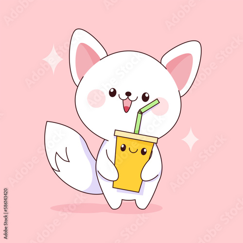 Cute kawaii white cat with bubble tea