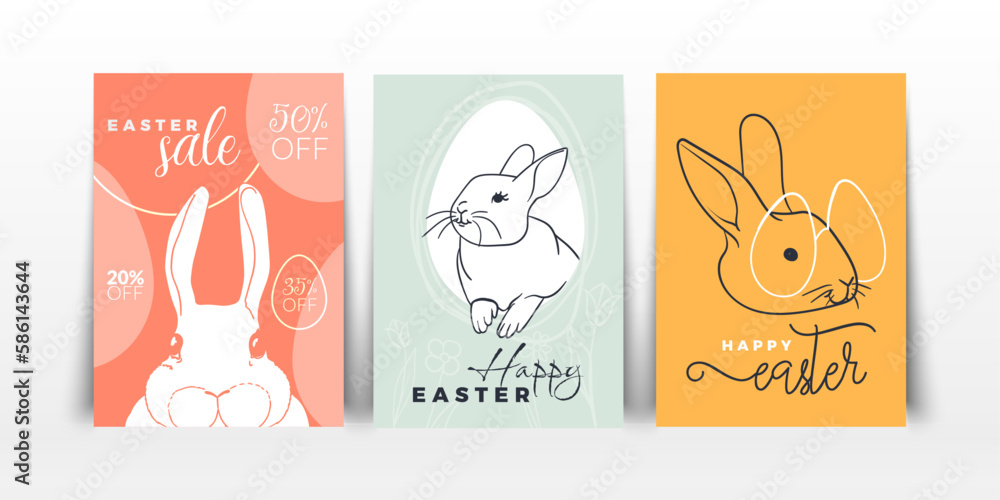 Happy Easter with hand drawn cute rabbit, doodle flowers and eggs on the background. Vector A4 format for sales posters. Playful font mix for Easter banners. 