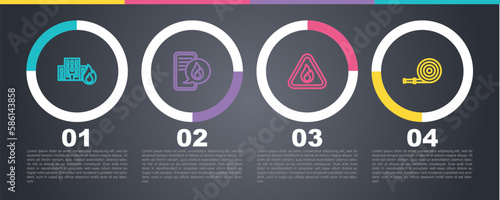 Set line Fire in burning buildings, Phone with emergency call 911, flame triangle and hose reel. Business infographic template. Vector
