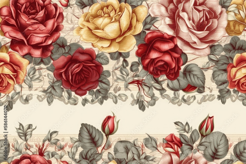 floral border with roses on a white background created with Generative AI technology