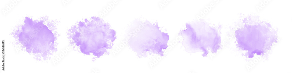 Set of abstract purple watercolor water splash on a white background. Vector watercolour texture in blue color. Ink paint brush stain. Purple soft light blot. Watercolor violet splash