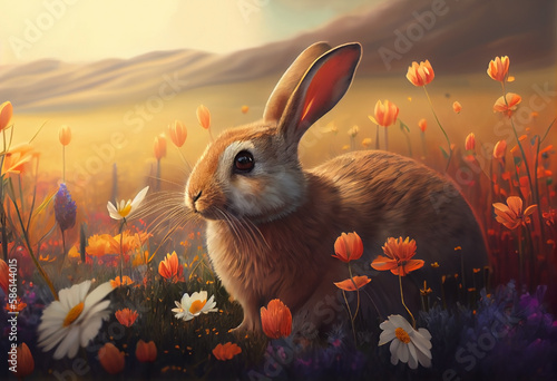 Little bunny in flower flelds illustration. Ai generative. photo