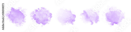Set of abstract purple watercolor water splash on a white background. Vector watercolour texture in blue color. Ink paint brush stain. Purple soft light blot. Watercolor violet splash