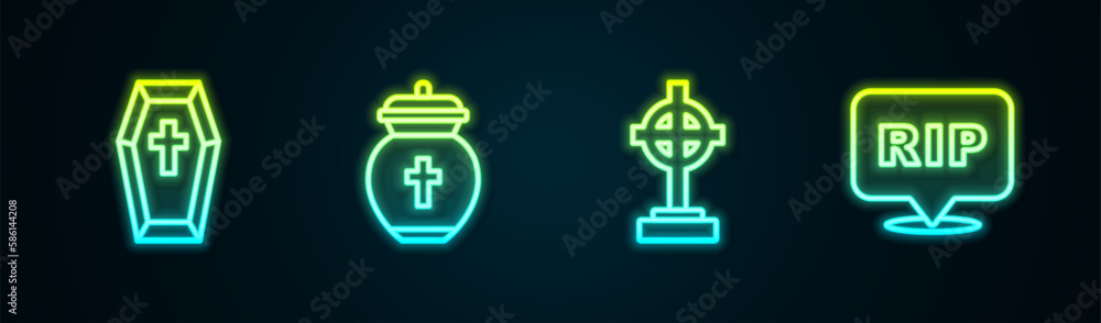 Set line Coffin with cross, Funeral urn, Grave and Speech bubble rip death. Glowing neon icon. Vector Set line Coffin with cross, Funeral urn, Grave and Speech bubble rip death. Glowing neon icon. Vector