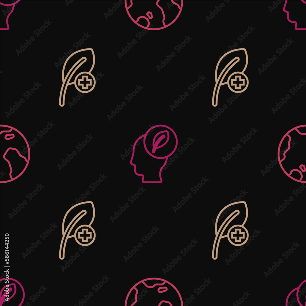 Set line Earth globe, Leaf or leaves and Human head with leaf inside on seamless pattern. Vector Set line Earth globe, Leaf or leaves and Human head with leaf inside on seamless pattern. Vector